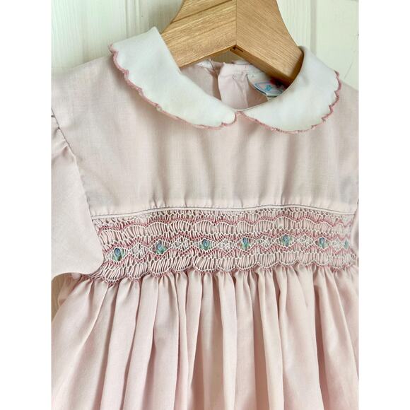 Vintage Baby Girl Smocked Cotton Blend Pink Bubble Suit 9 Months - Picture 2 of 9